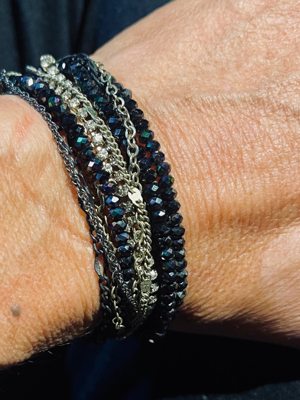 Elegant , Sexy Multi-Row Black Crystal and Silver Chain Wrap Bracelet 6 1/2”